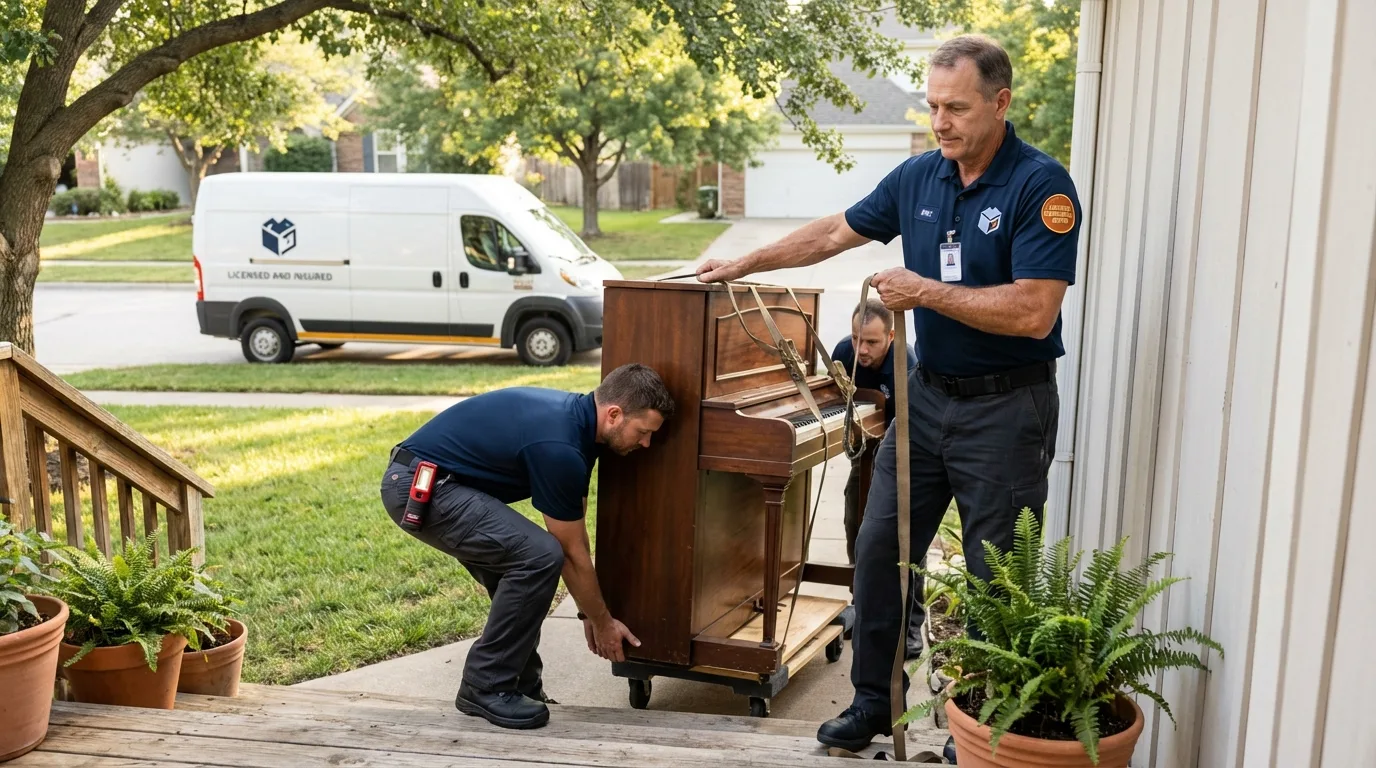 Licensed piano movers securing grand piano in West Liberty, KY