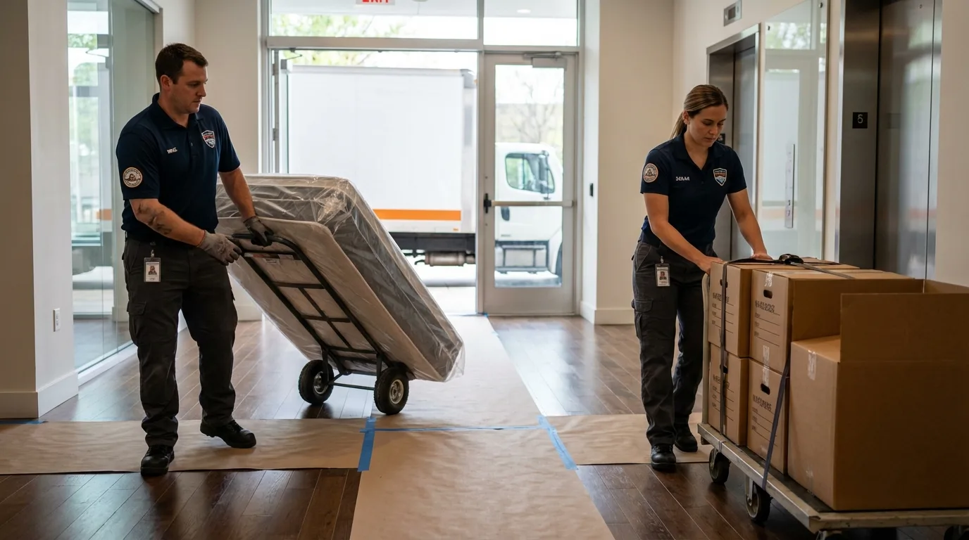 Professional apartment movers loading elevator in West Liberty, KY