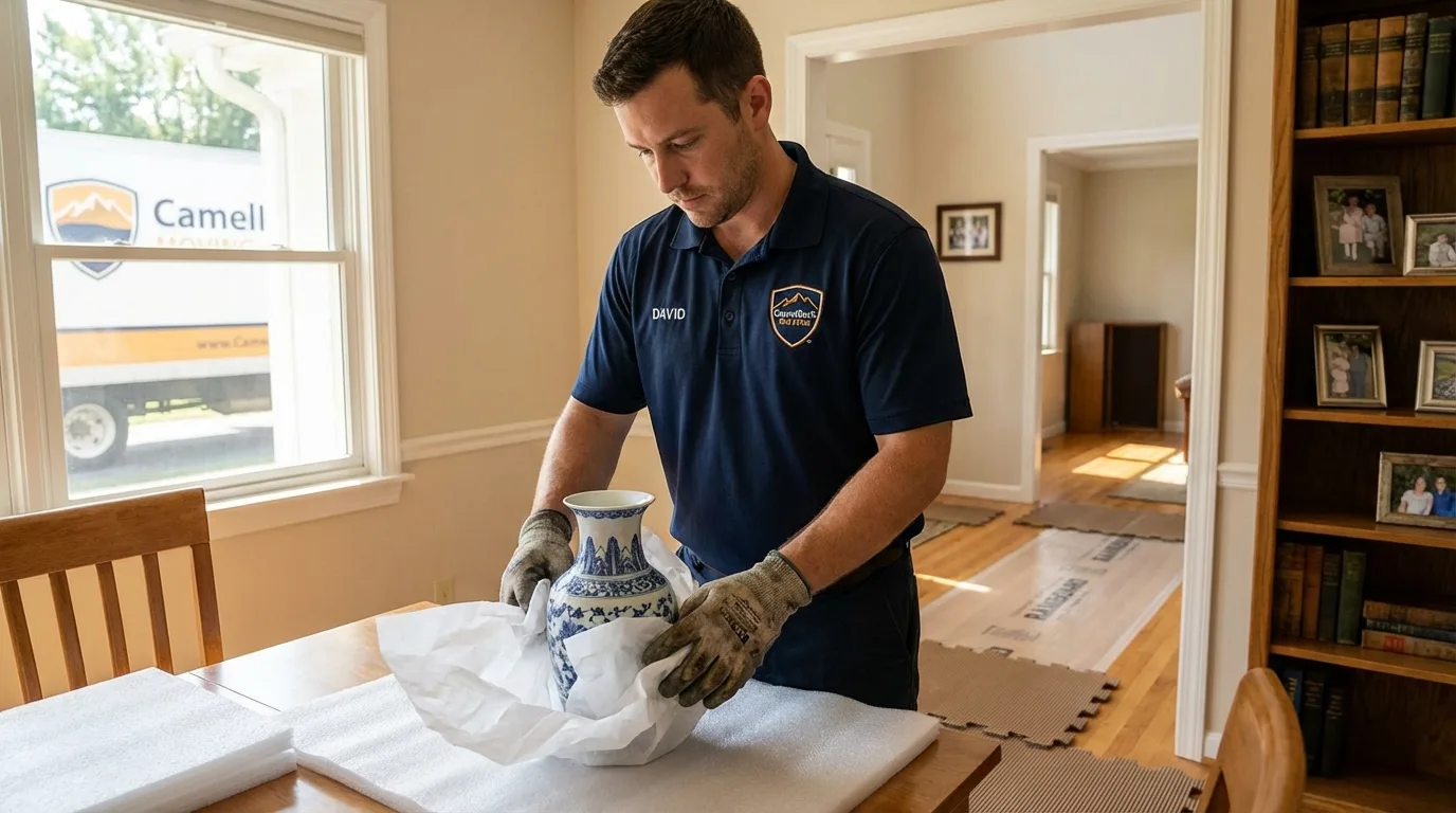 Professional crew carefully wrapping antique vase for senior downsizing move in West Liberty, KY